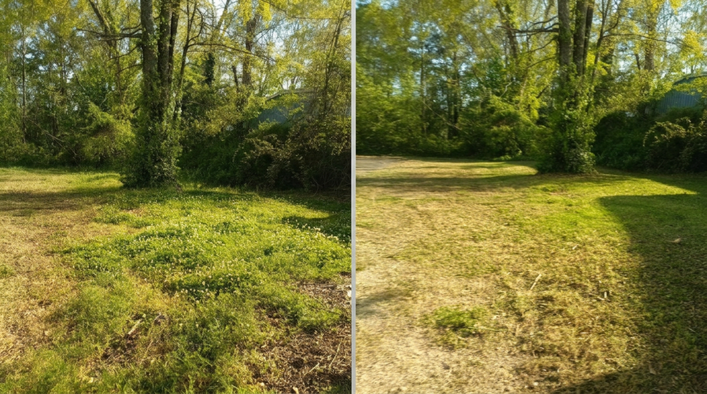 Before and after yard clean up by Edwards Landscaping in Covington, GA showing overgrown weeds and brush cleared and hauled off in one visit